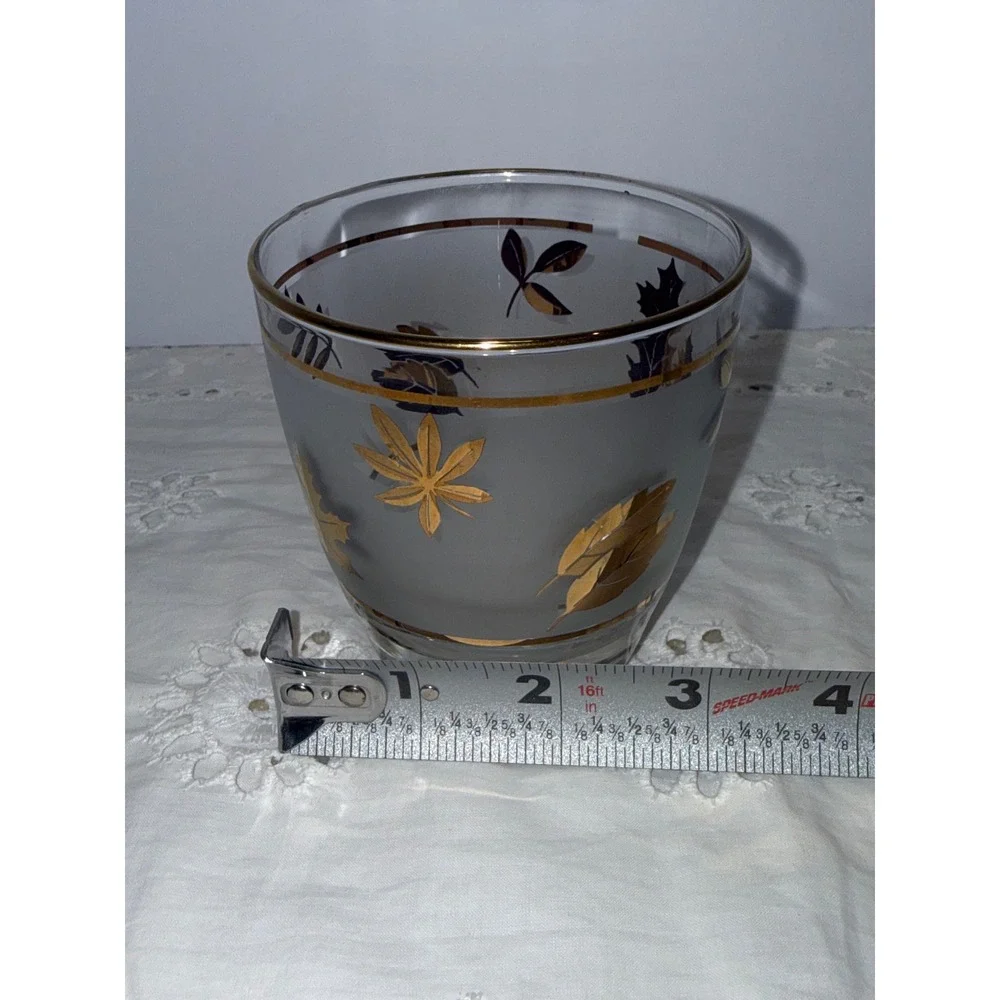 Libbey Golden Foliage 8 Rocks Glasses Ice Bucket Brass Caddy Set Vintage MCM
